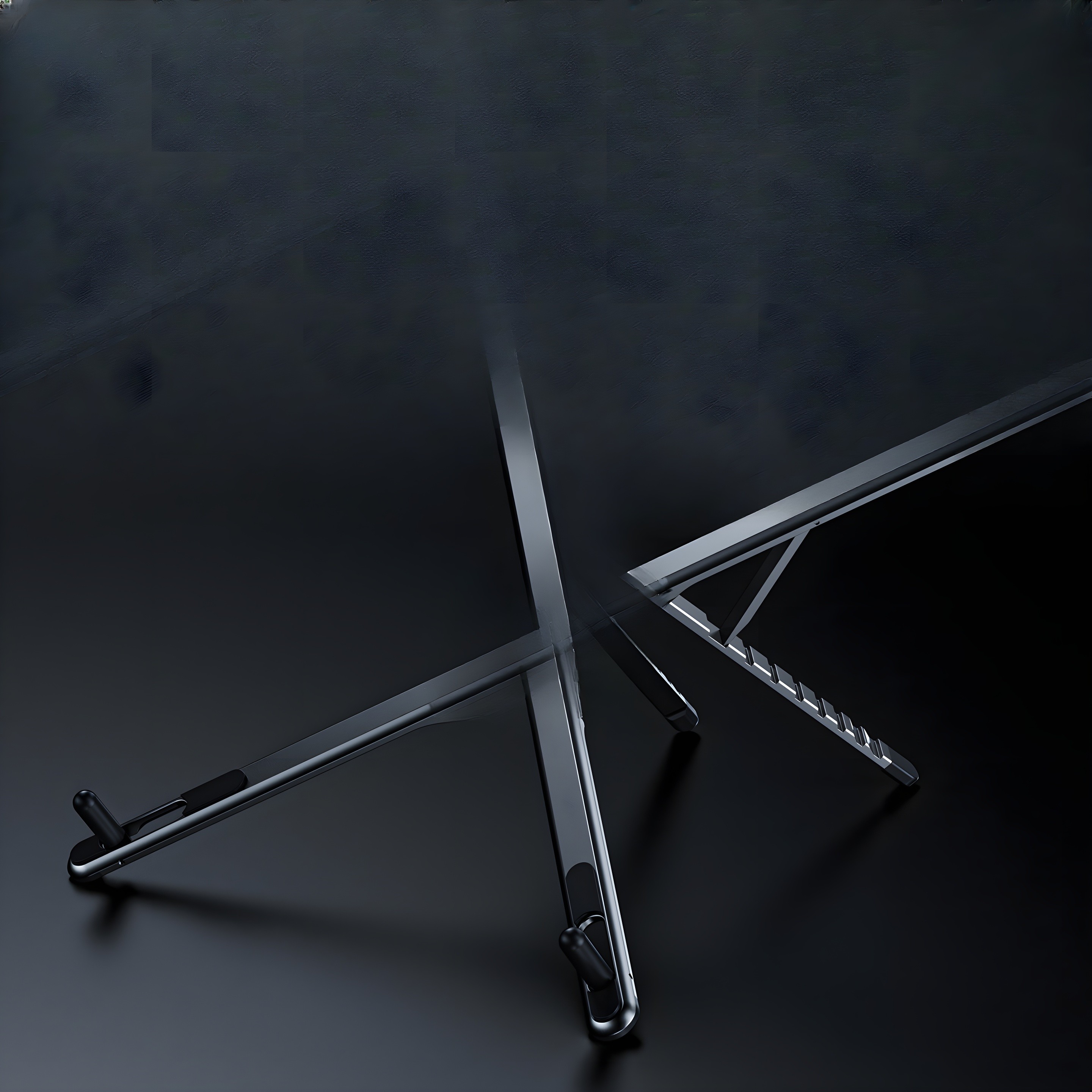 Close-up of the workstation's metallic frame and hinge mechanism against a dark background.