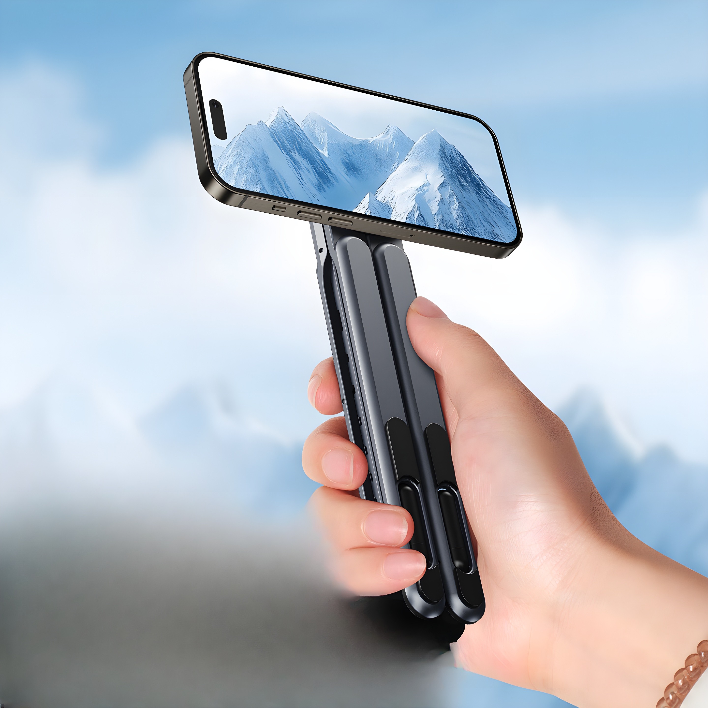 A hand holding the workstation in selfie stick mode with a smartphone displaying a mountain landscape against a blue sky backdrop.