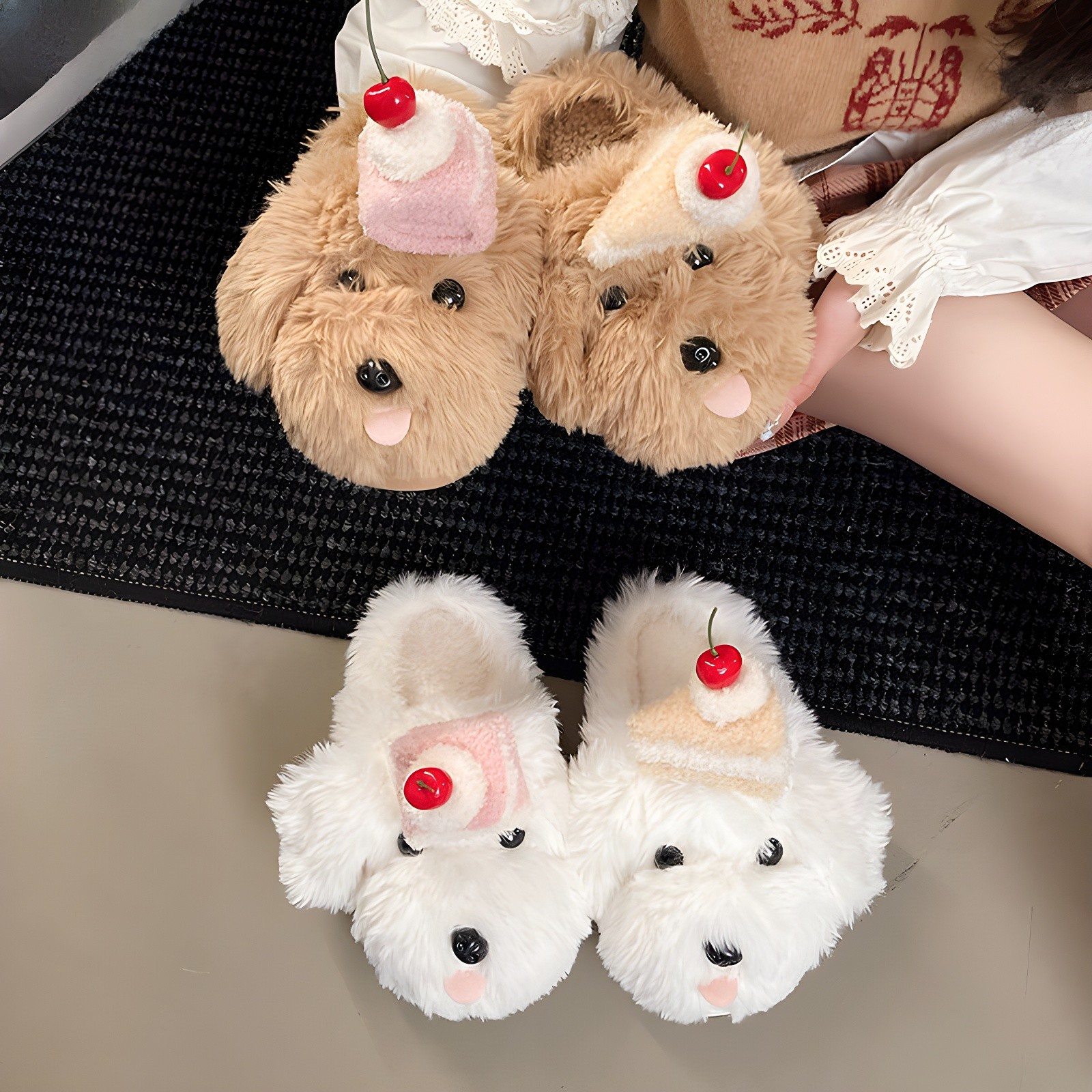Close-up of Brown and White Teddy Bear Slippers