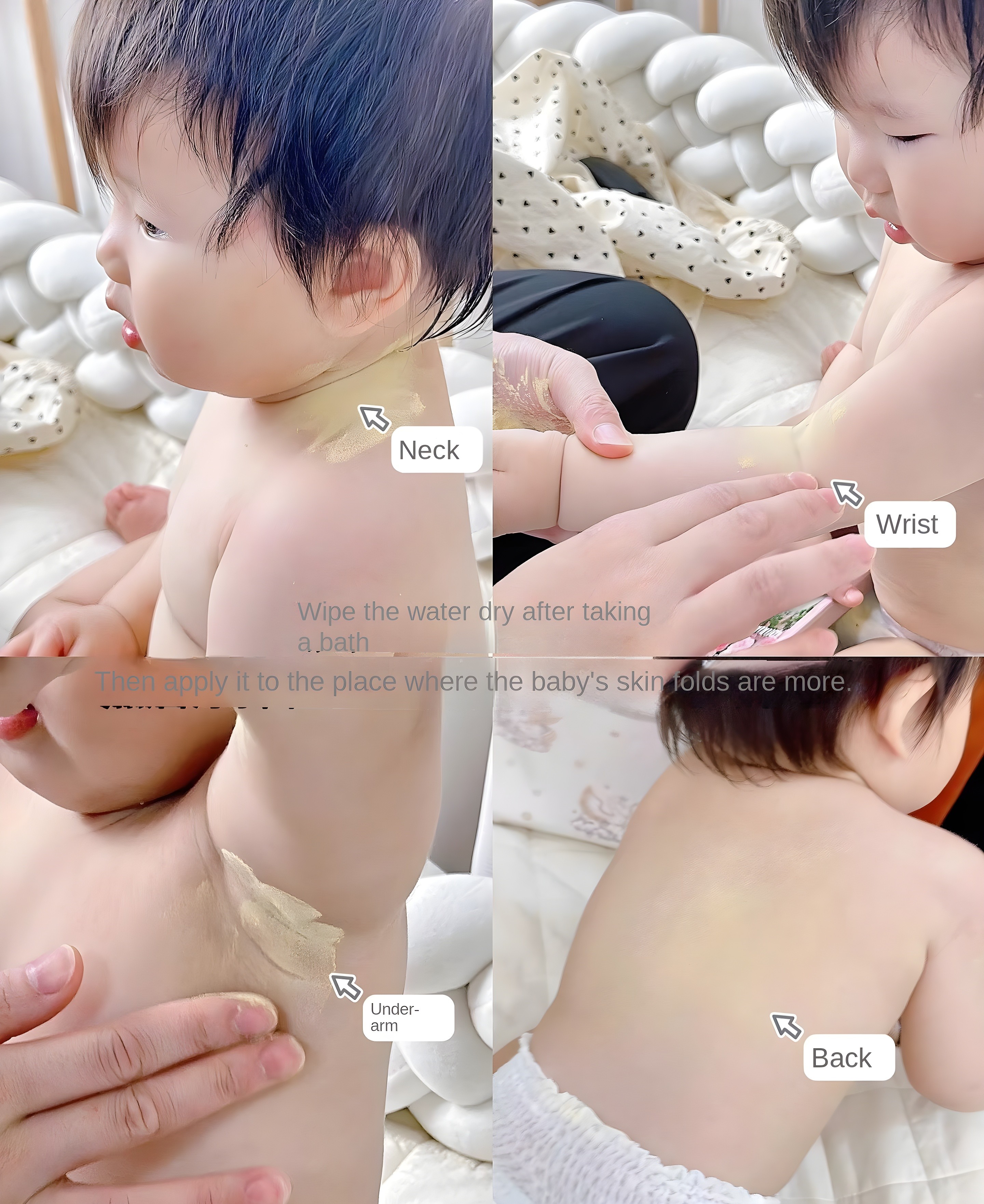 Black and white collage showing application on baby's neck, wrist, underarm, and back