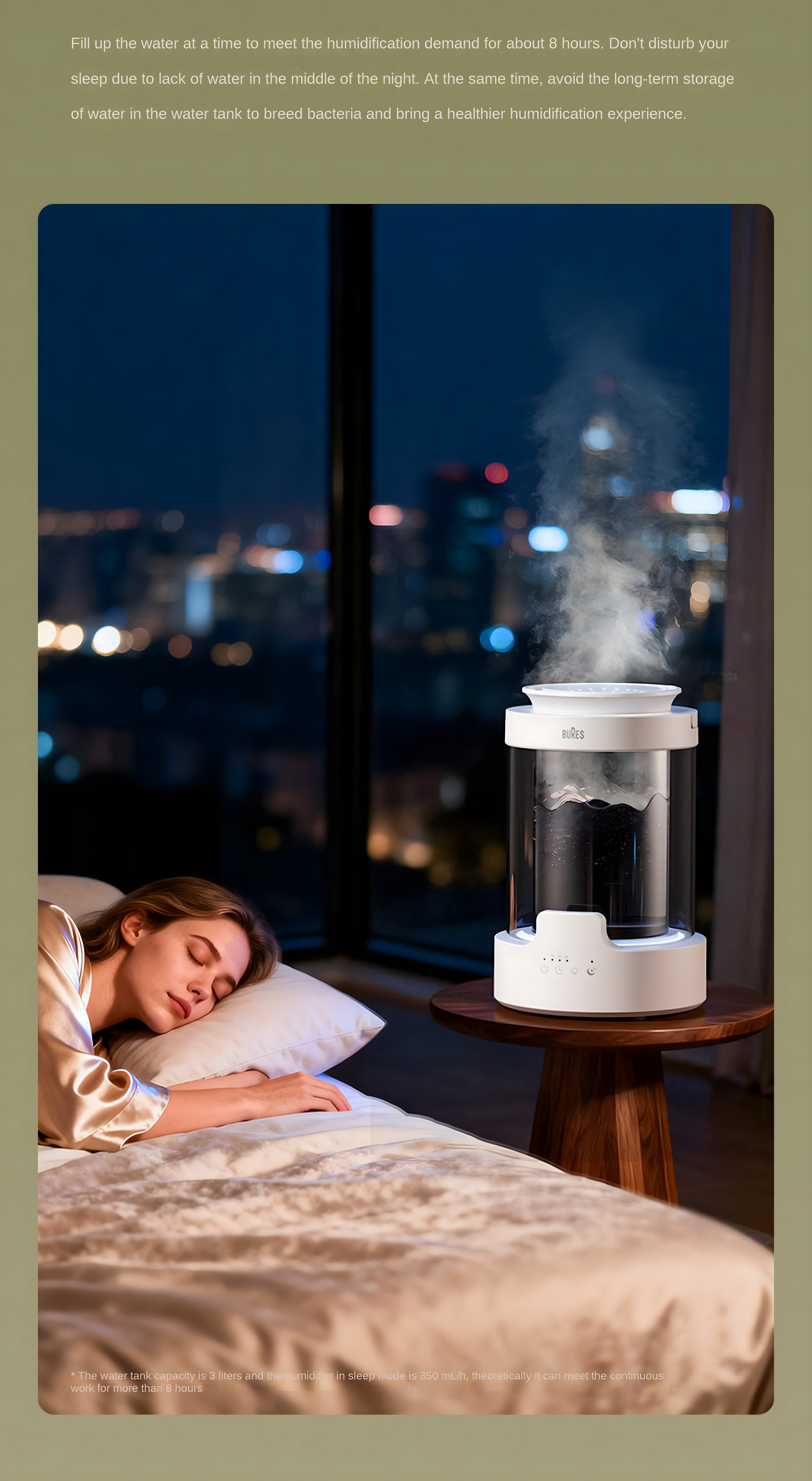 Black-and-white image of a woman sleeping beside the humidifier, emphasizing its silent and unobtrusive operation.