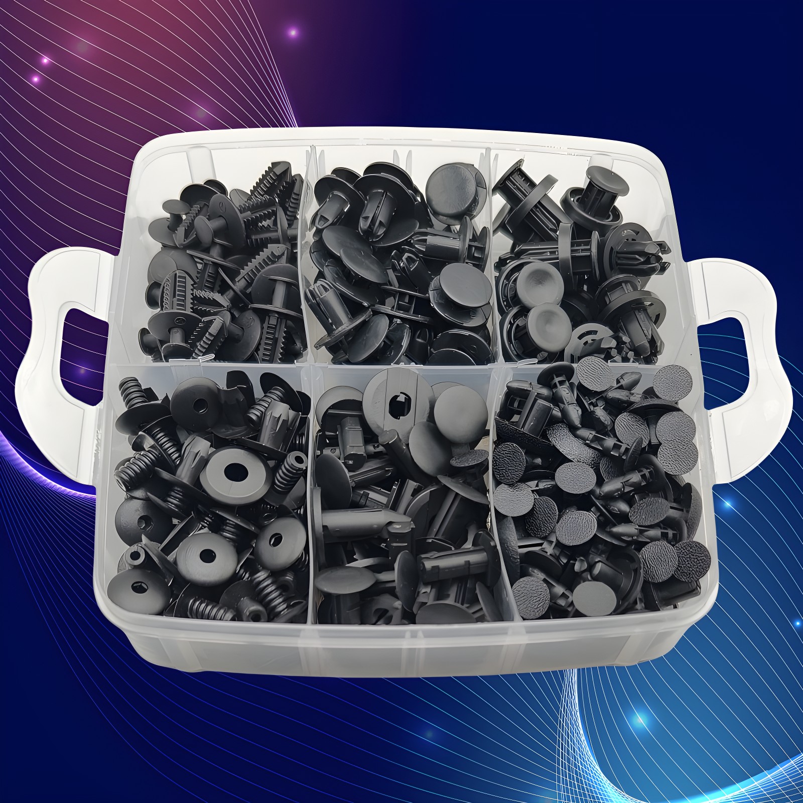 Close-up top view highlighting texture differences and shapes of clips in each compartment