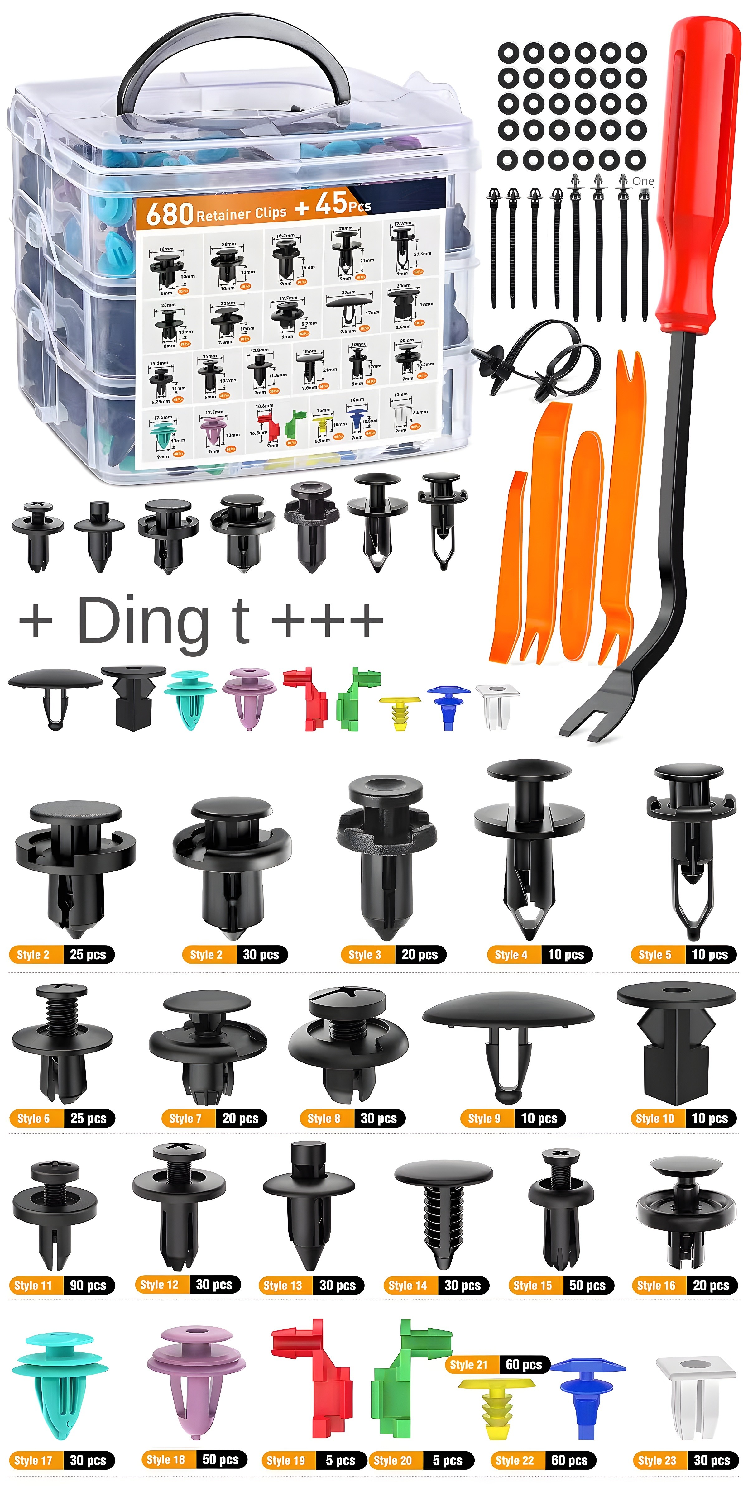 Detailed view of 23 clip styles and removal tools