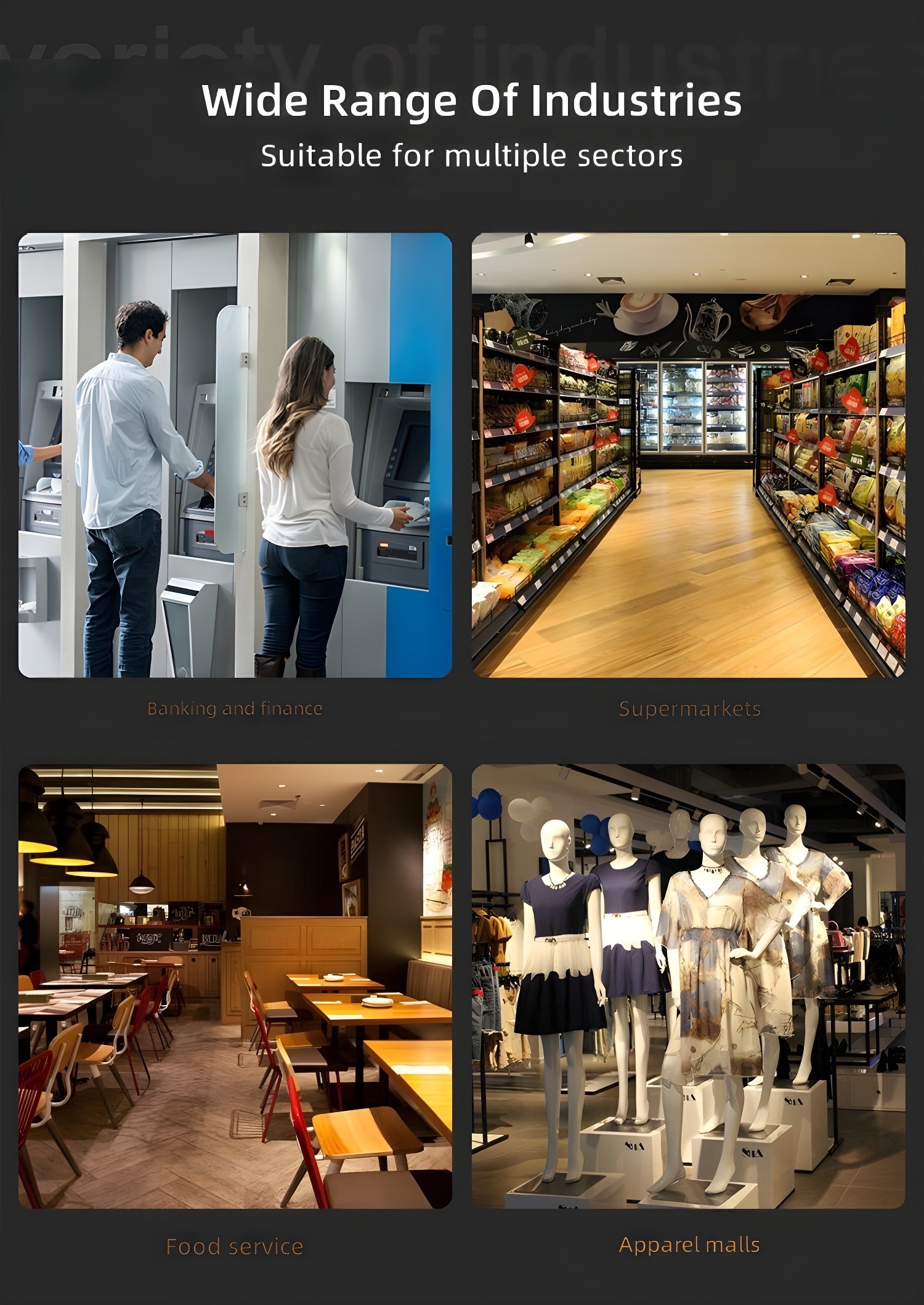 Wide Range Of Industries: Four-panel color collage showing Banking & Finance, Supermarkets, Food Service, and Apparel Malls—demonstrating broad applicability