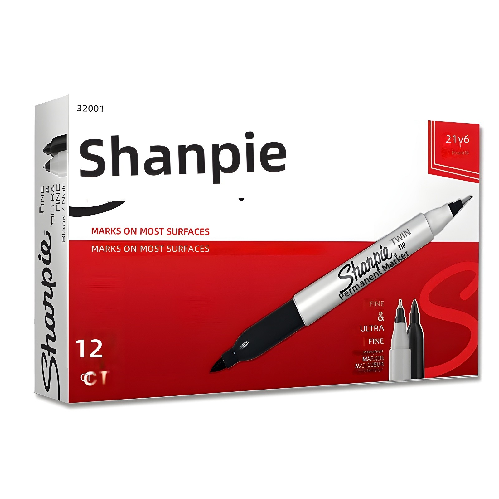 Close-up of Sharpie Twin Tip marker box with red accent and product details