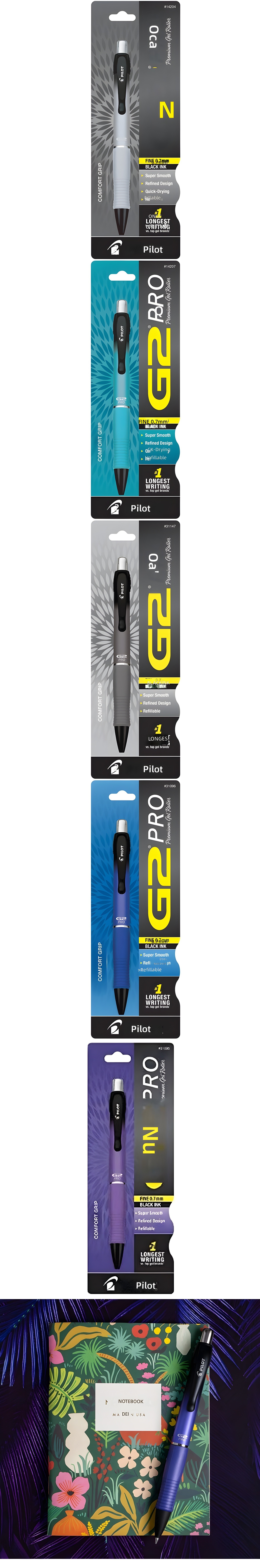 Pilot G2 Pro packaging lineup and grayscale notebook setup