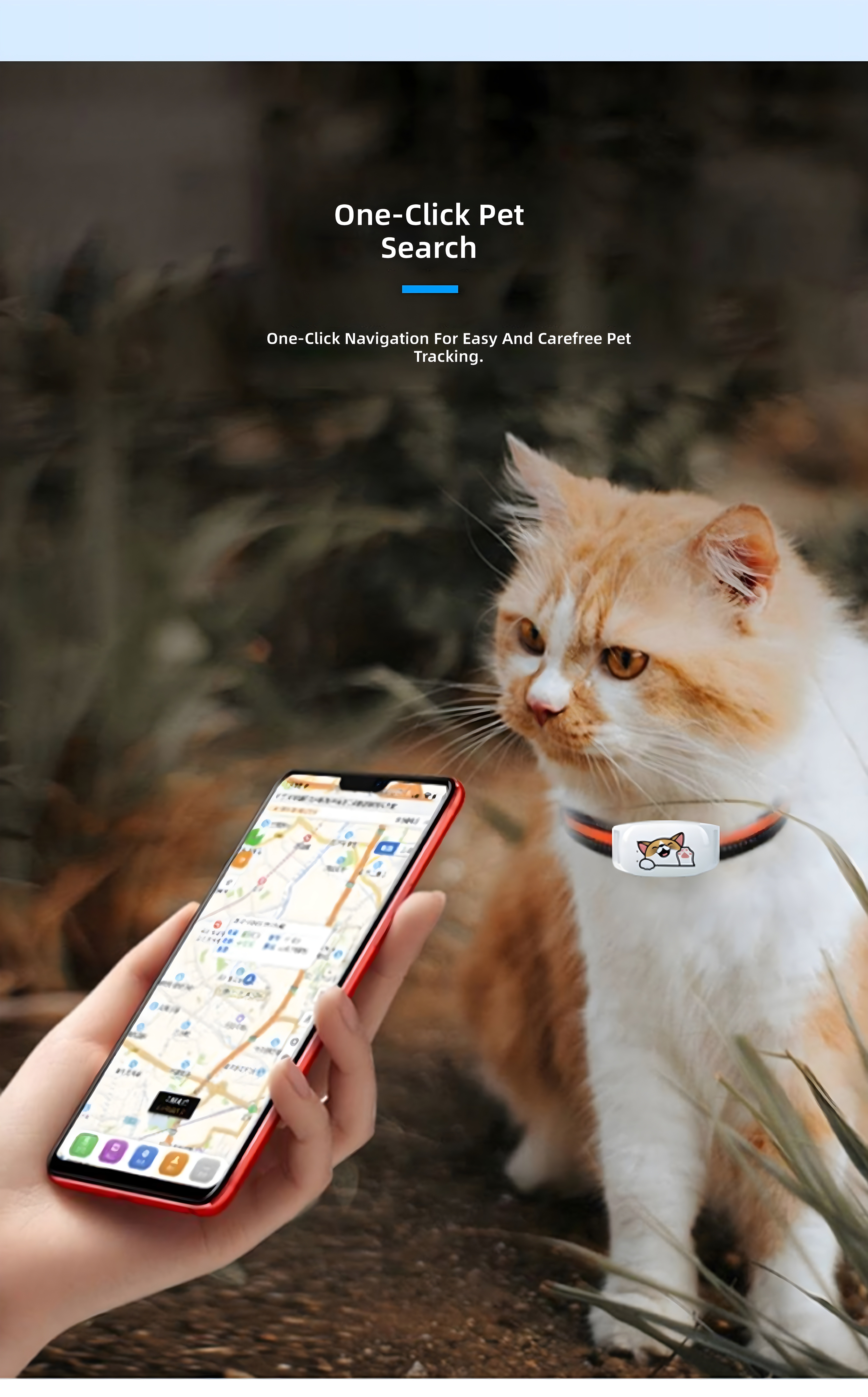 Color version: Cat with SmartPet Guardian collar and red smartphone displaying map interface