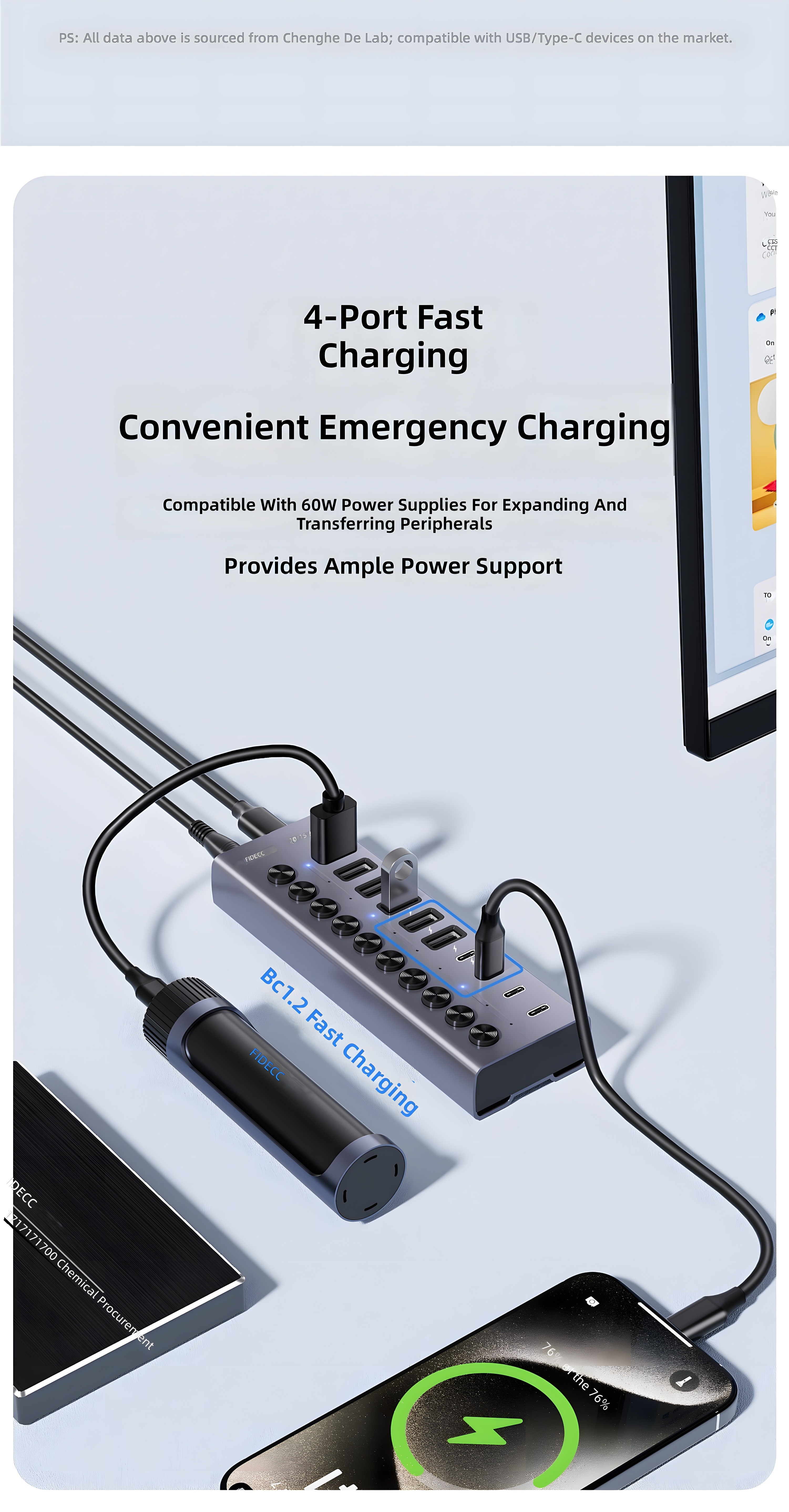 FIDECO HCA64 hub with emergency charging setup and peripheral expansion