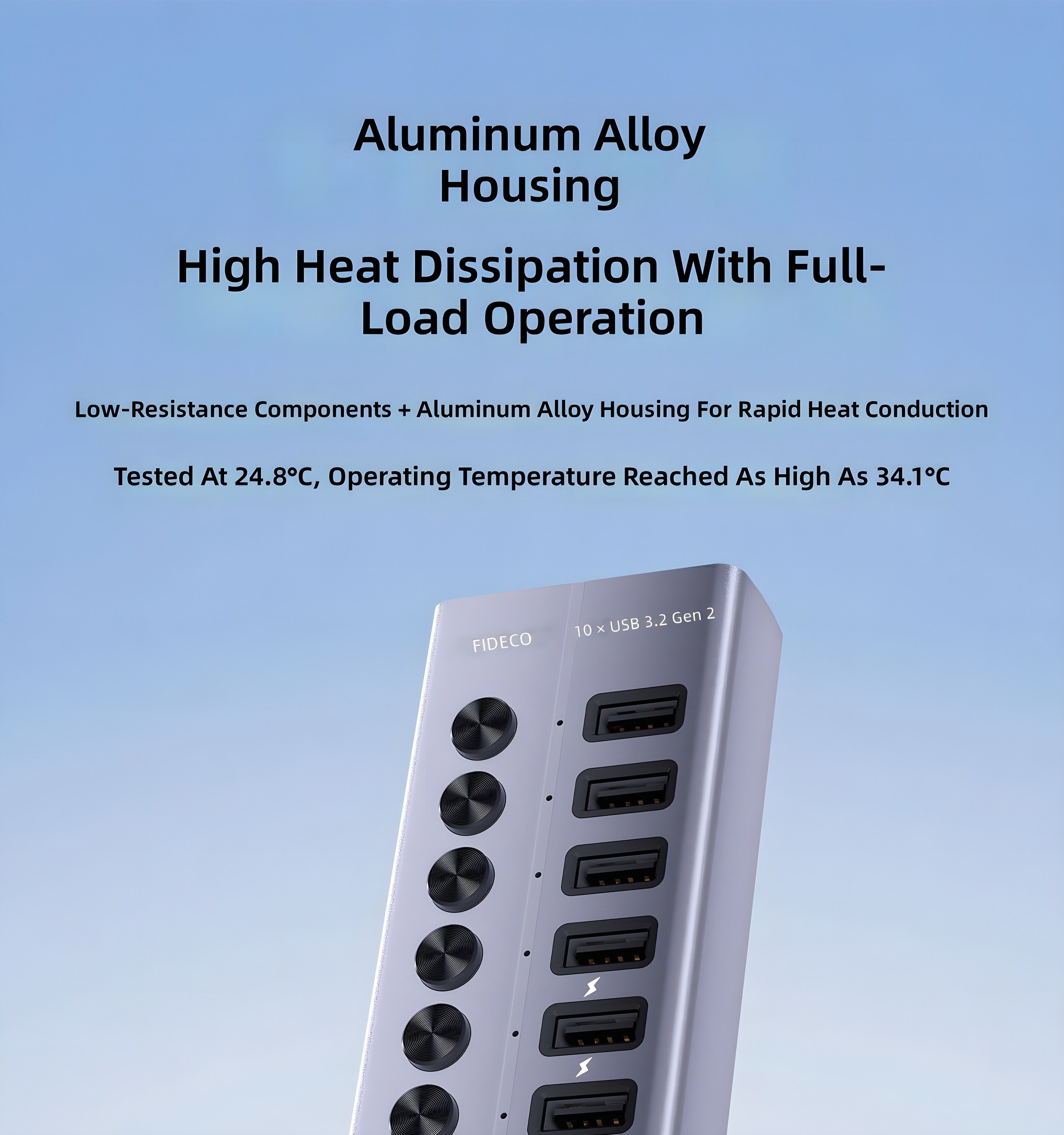 Close-up of FIDECO HCA64 aluminum alloy housing highlighting high heat dissipation