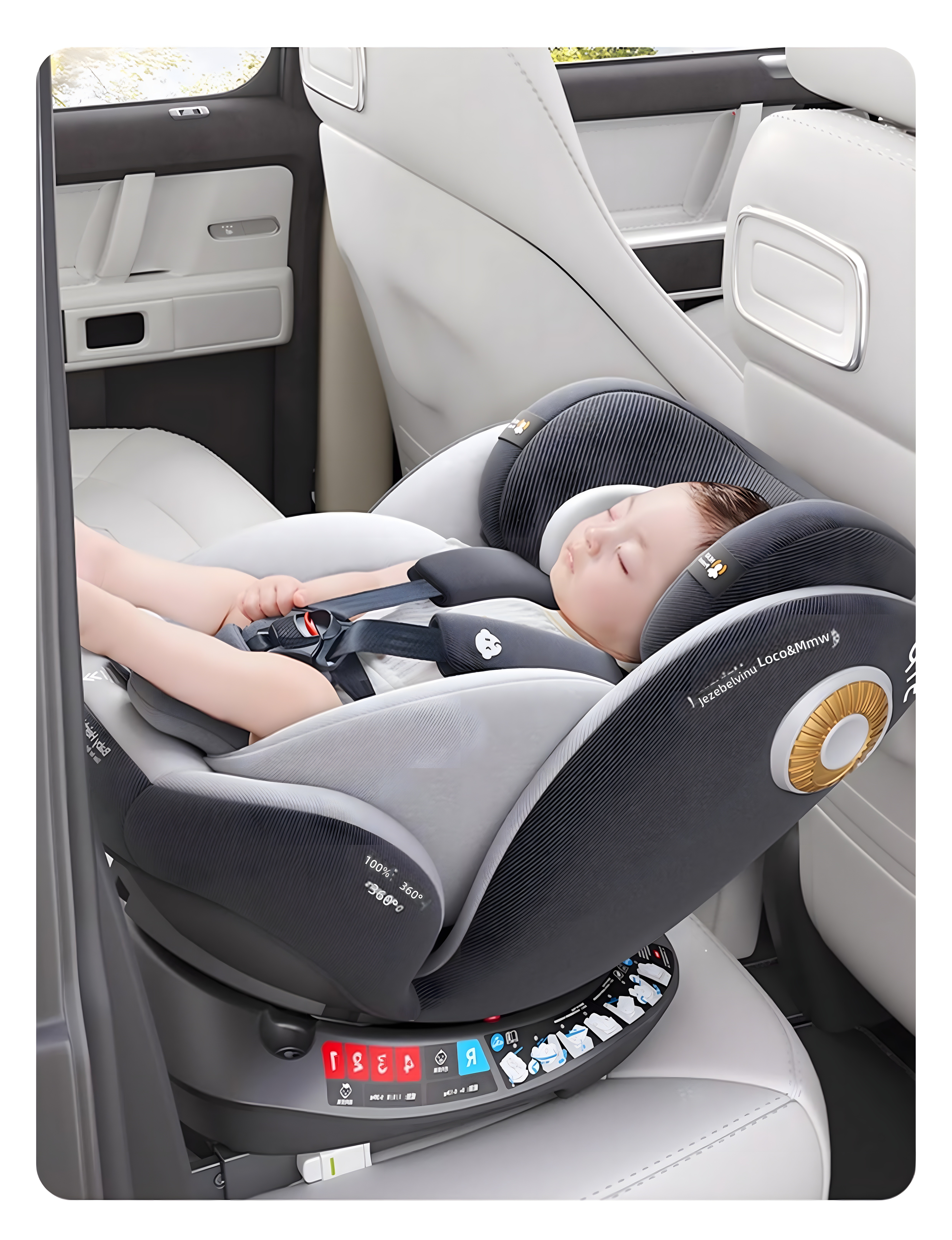 Child sleeping peacefully in Yotona seat installed in car, showcasing comfort and secure fit
