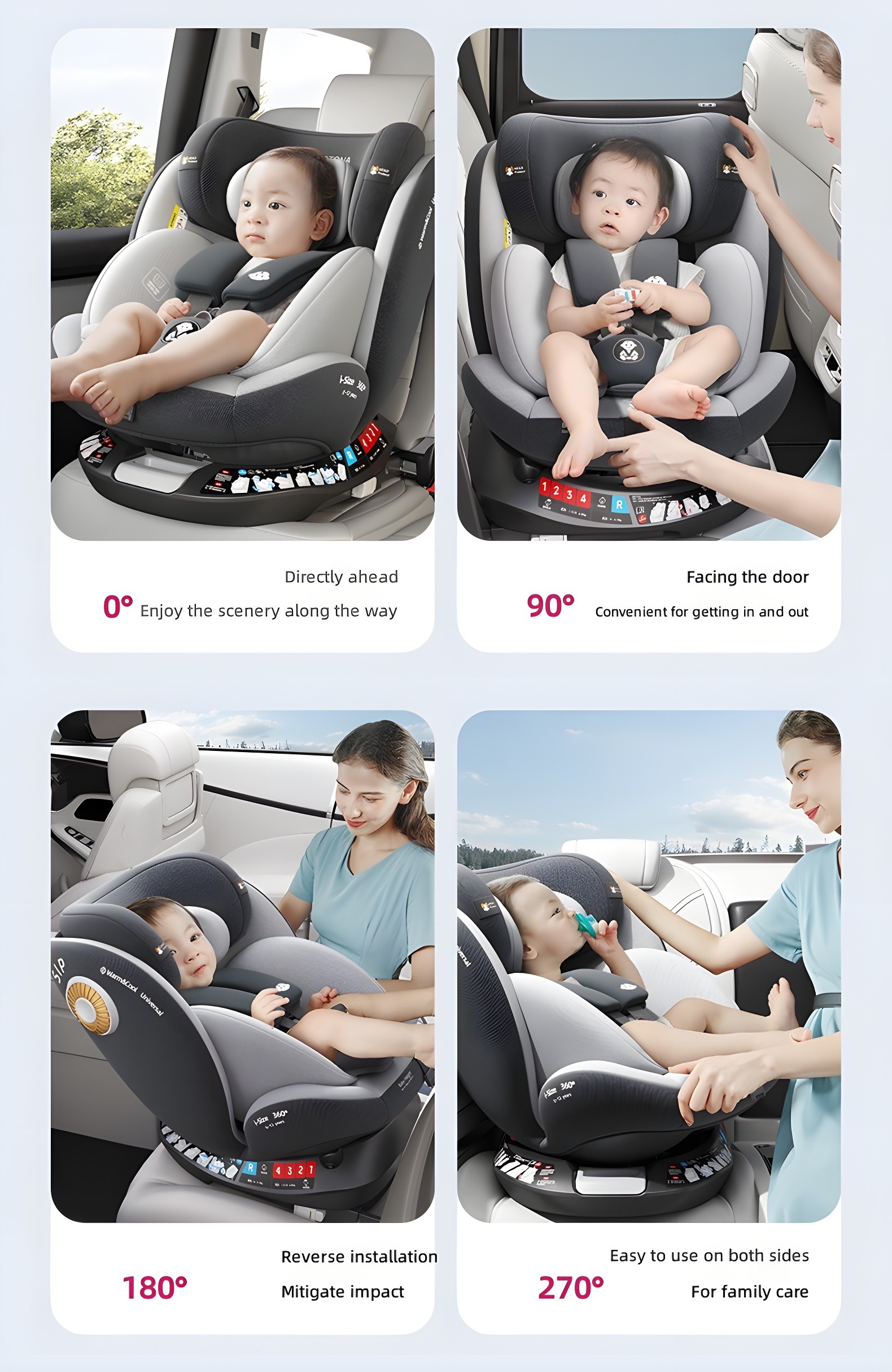 Four-panel collage showing Yotona seat in 0°, 90°, 180°, and 270° positions with child and caregiver interaction