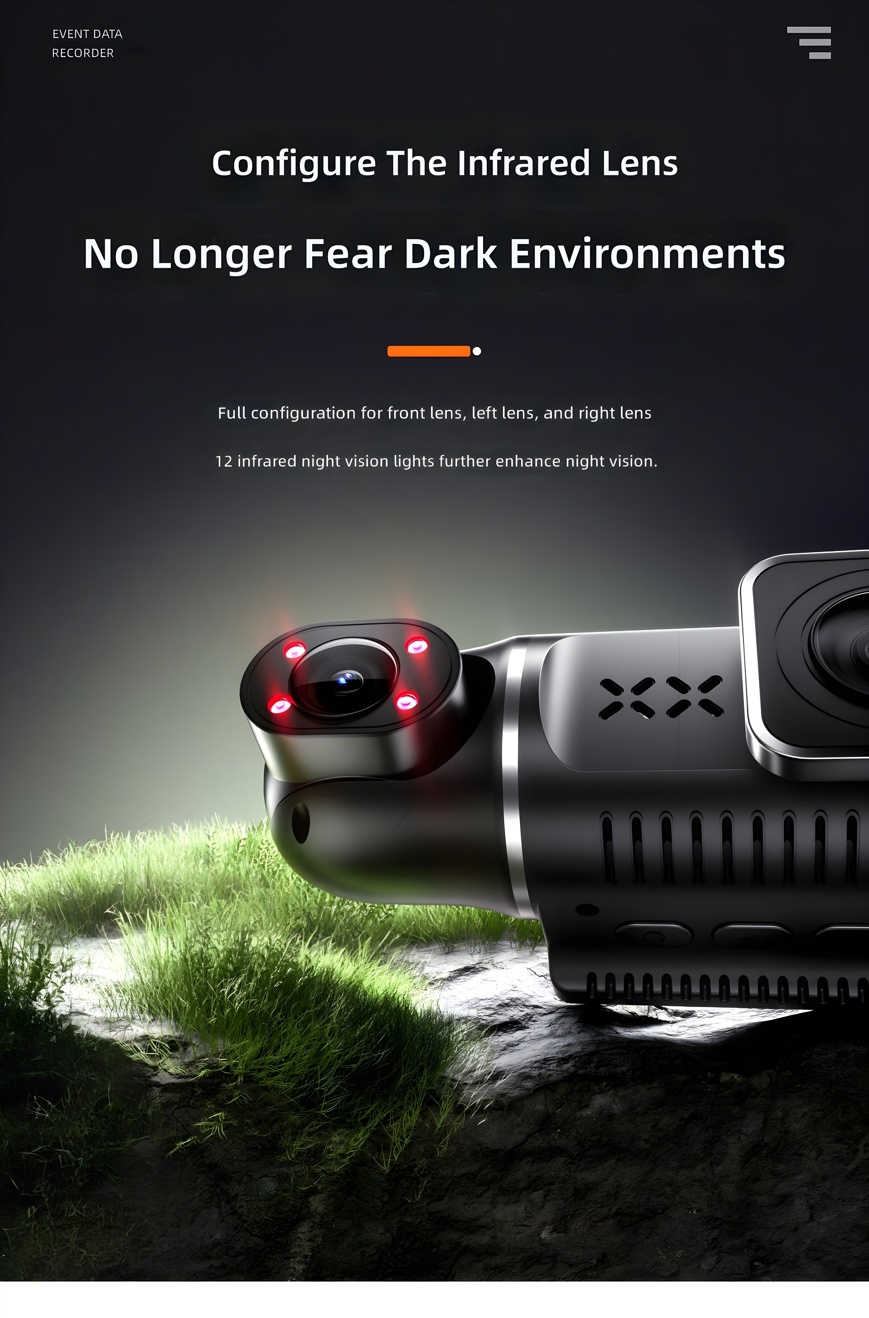 Close-up of dash cam with IR LEDs illuminated, text overlay: 'Configure The Infrared Lens — No Longer Fear Dark Environments'