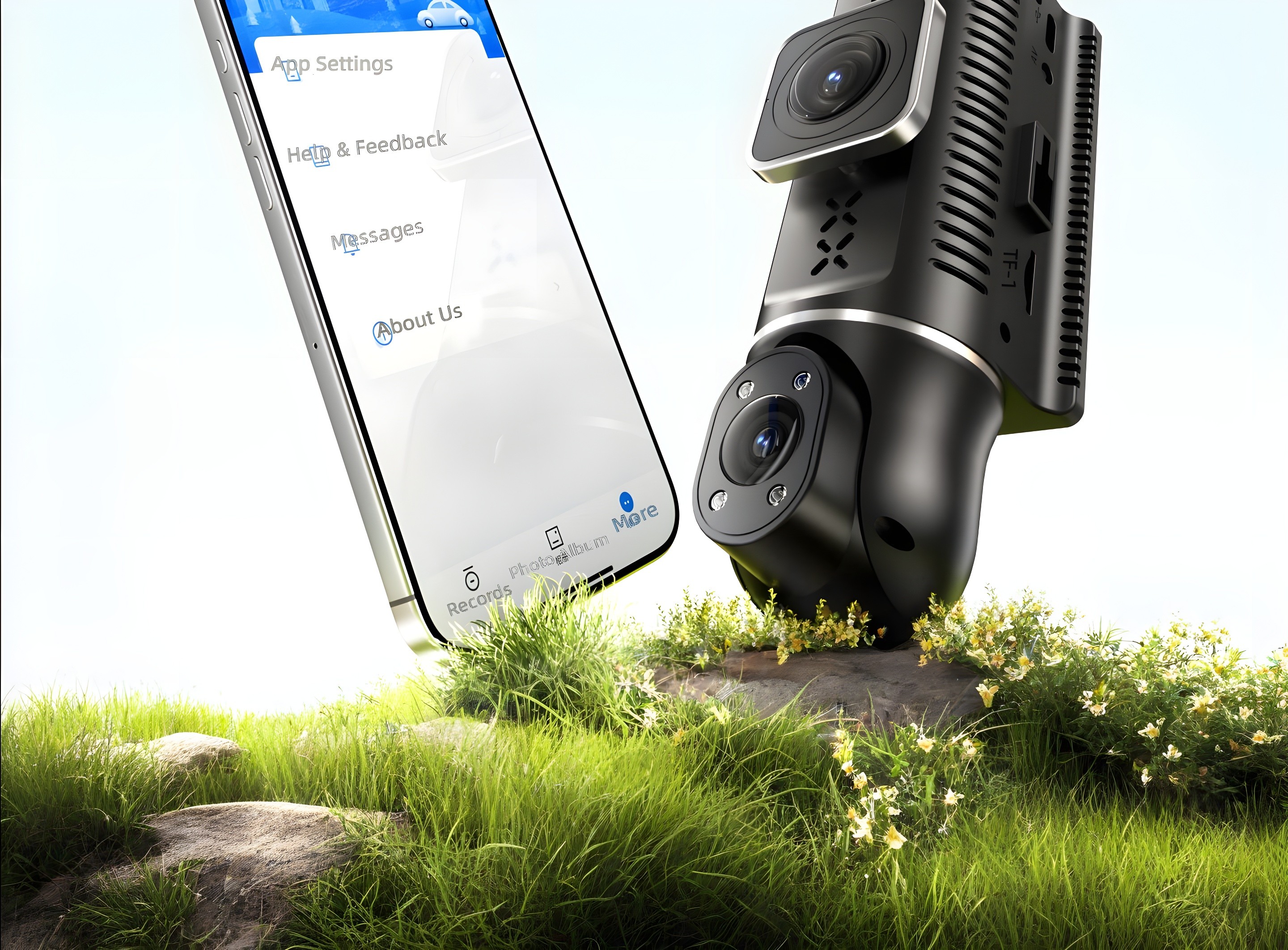 Dash cam unit next to smartphone displaying DriveGuard Pro app interface (Settings, Help & Feedback, Messages, About Us)