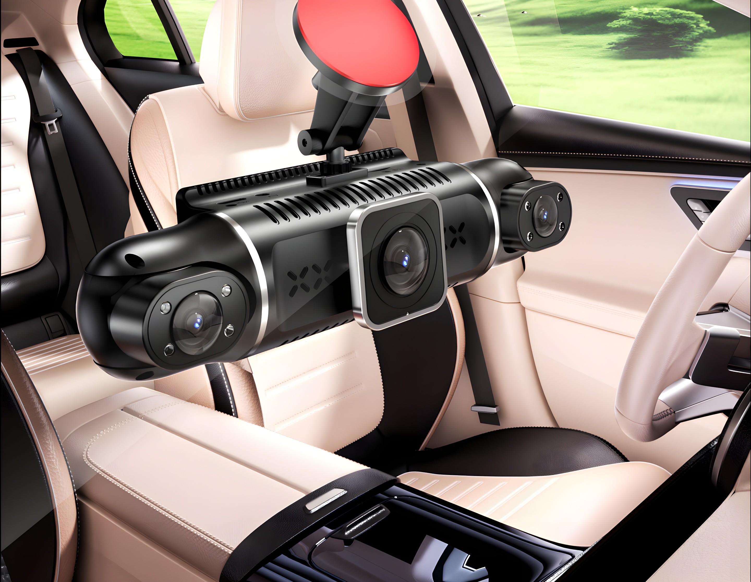 Dash cam installed inside a modern car cabin, mounted behind rearview mirror, showing front, side, and rear lens coverage