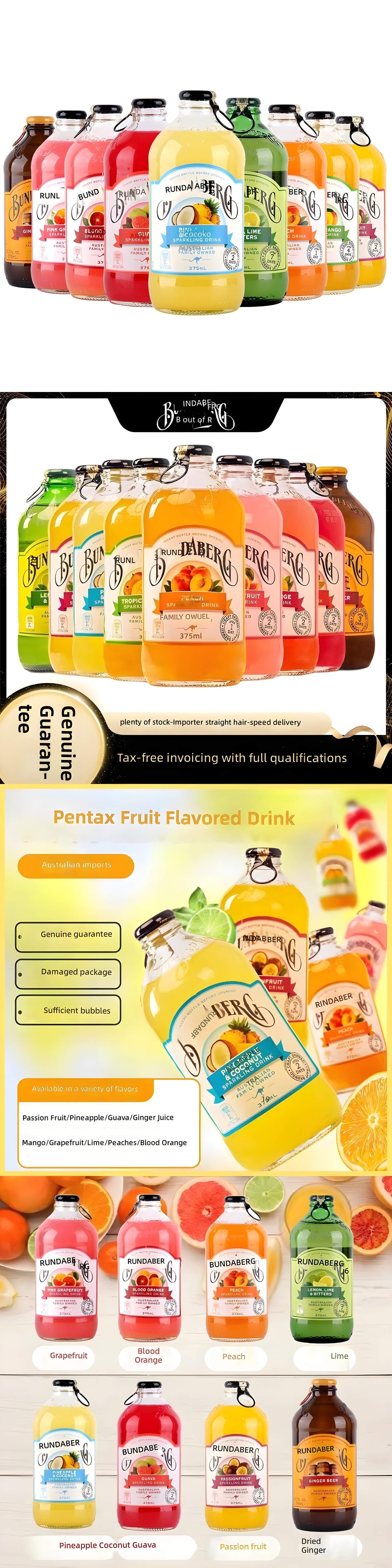 Bundaberg flavor grid with labeled bottles: Grapefruit, Blood Orange, Peach, Lime, Pineapple Coconut Guava, Passion Fruit, Dried Ginger