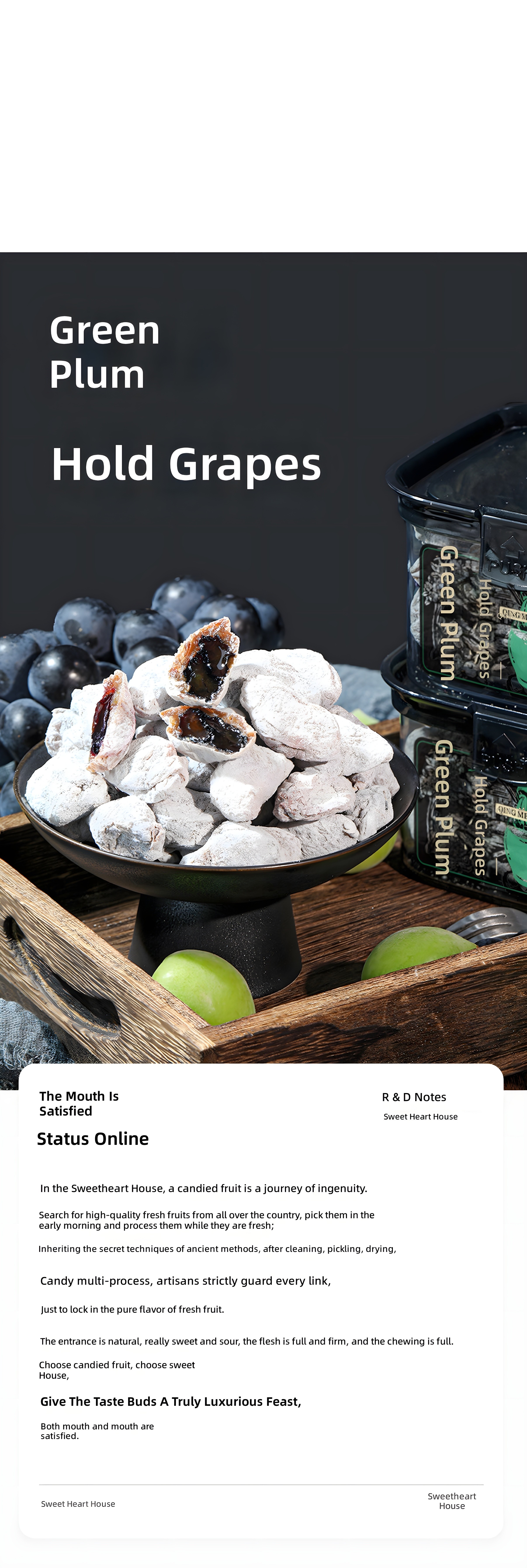 Black-and-white product shot: candied green plum halves filled with dark grape jam, served in a black bowl beside fresh grapes and stacked branded containers labeled 'Green Plum Hold Grapes'.