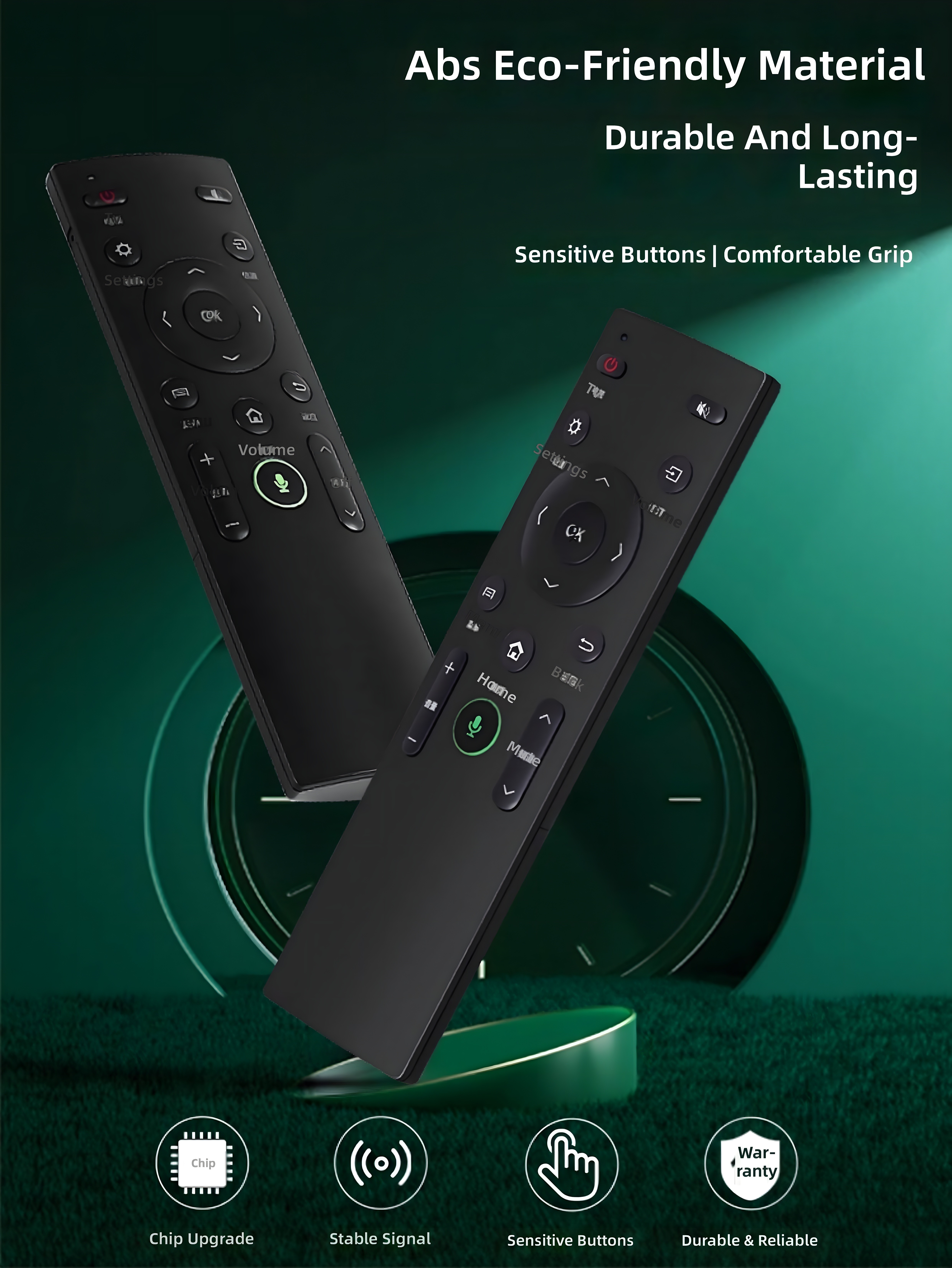 Close-up of two NUTMRK KW-Y003S remotes highlighting ABS eco-friendly material and button layout