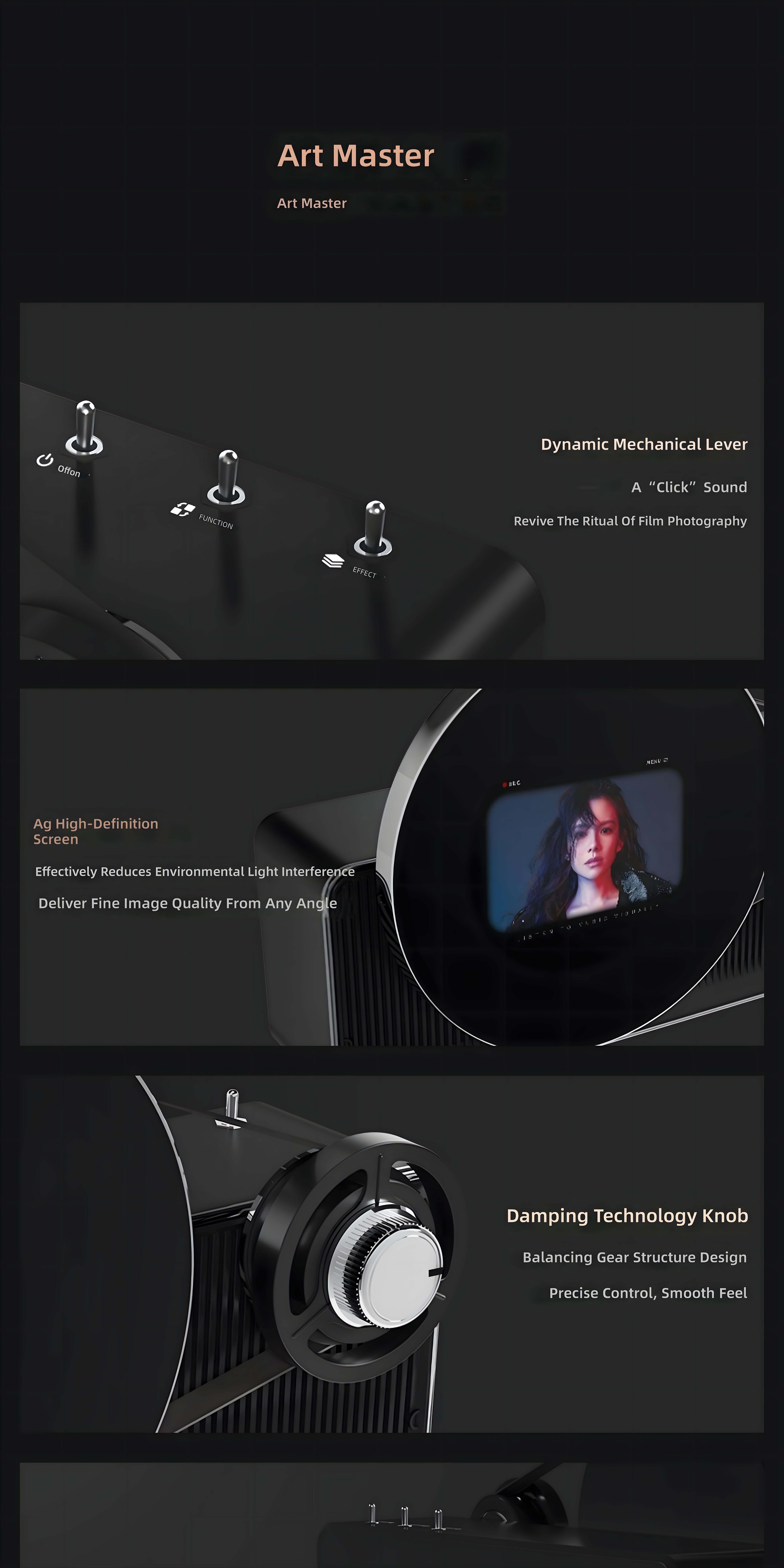 Close-up details of Art Master: Dynamic Mechanical Lever, Ag High-Definition Screen, and Damping Technology Knob