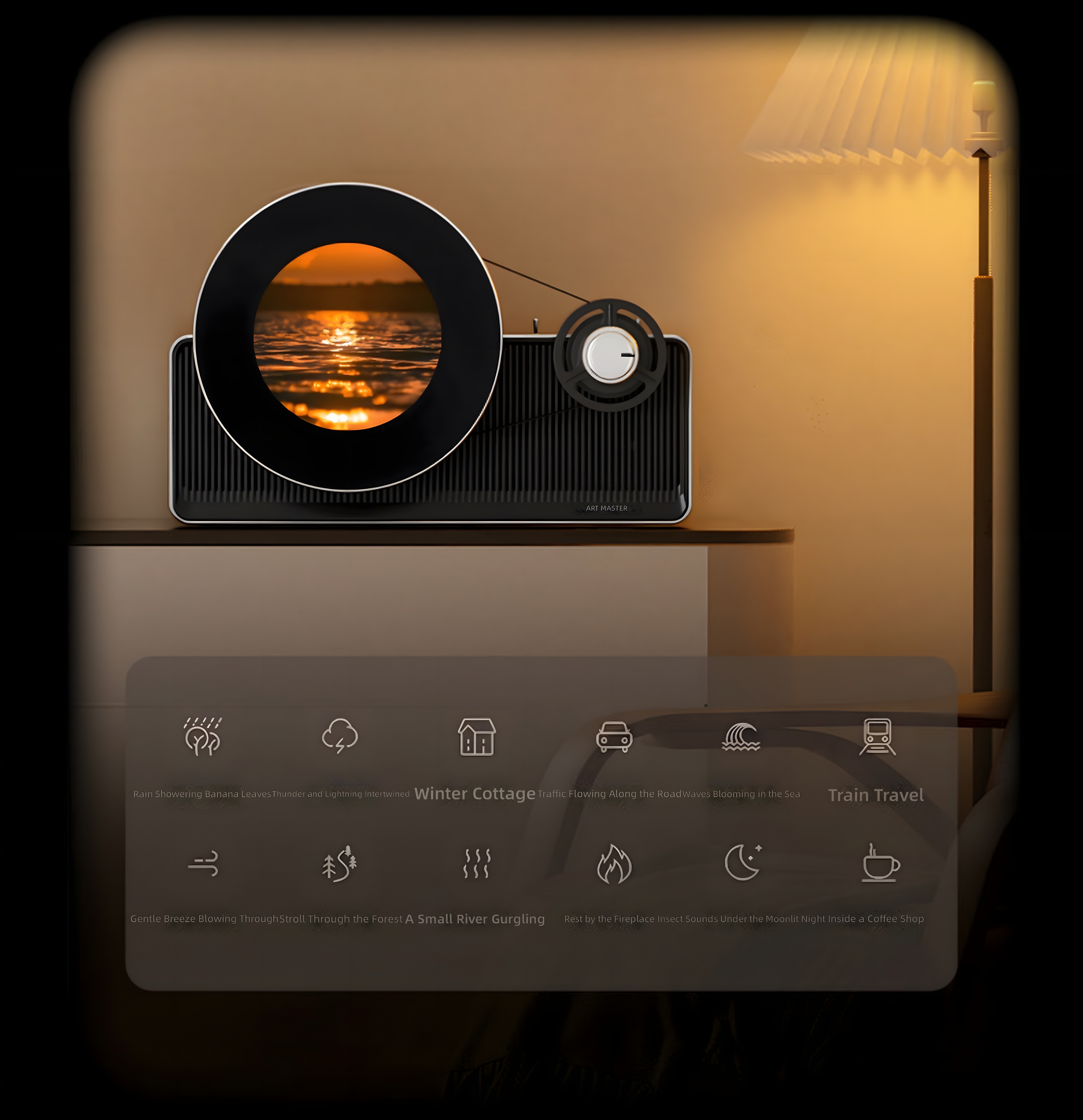 Art Master Retro 1 displaying ocean scene on screen, with overlay of 12 white noise scenario icons (e.g., Rain Showering, Winter Cottage, Train Travel, etc.)