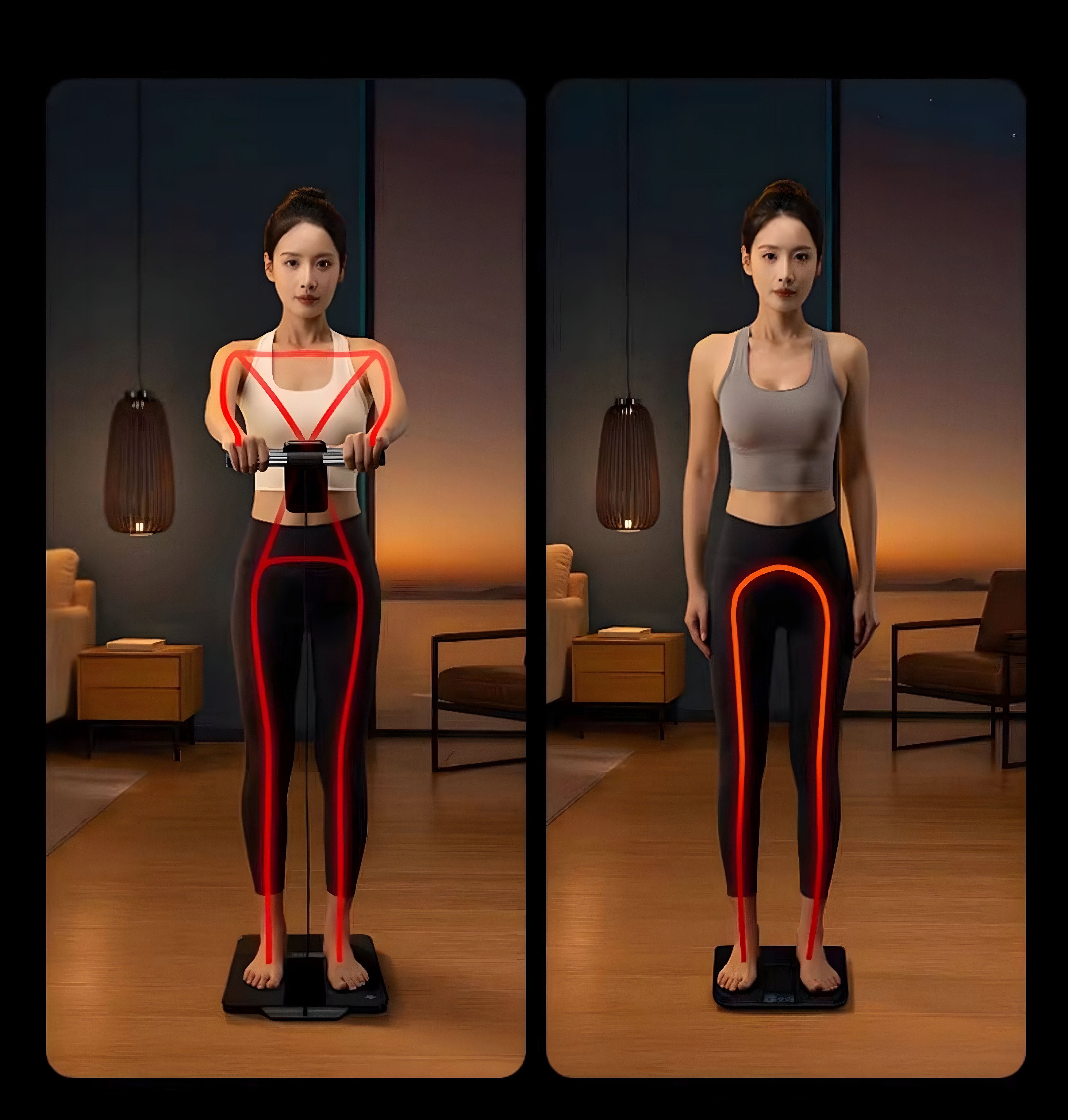 Split-screen: left shows full-body electrode path during measurement; right shows post-measurement stance